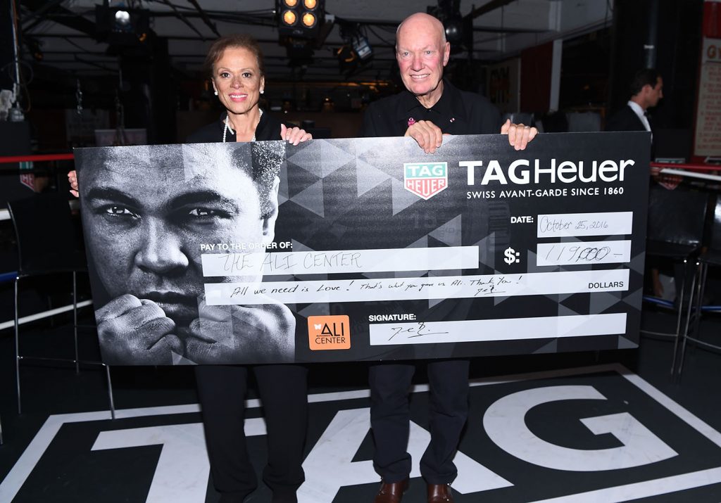 NEW YORK, NY - OCTOBER 25: Lonnie Ali and CEO of TAG Heuer Jean-Claude Biver attend the Muhammad Ali tribute event at Gleason's Gym on October 25, 2016 in New York City. (Photo by Dave Kotinsky/Getty Images for TAG Heuer)